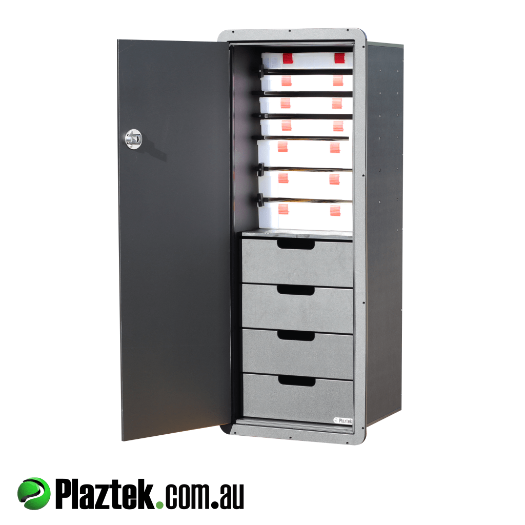 Plaztek custom tackle tray storage with 4 drawers. Single door open showing 7 Plano trays and 4 drawers on the bottom. Made in black King StarBoard.  