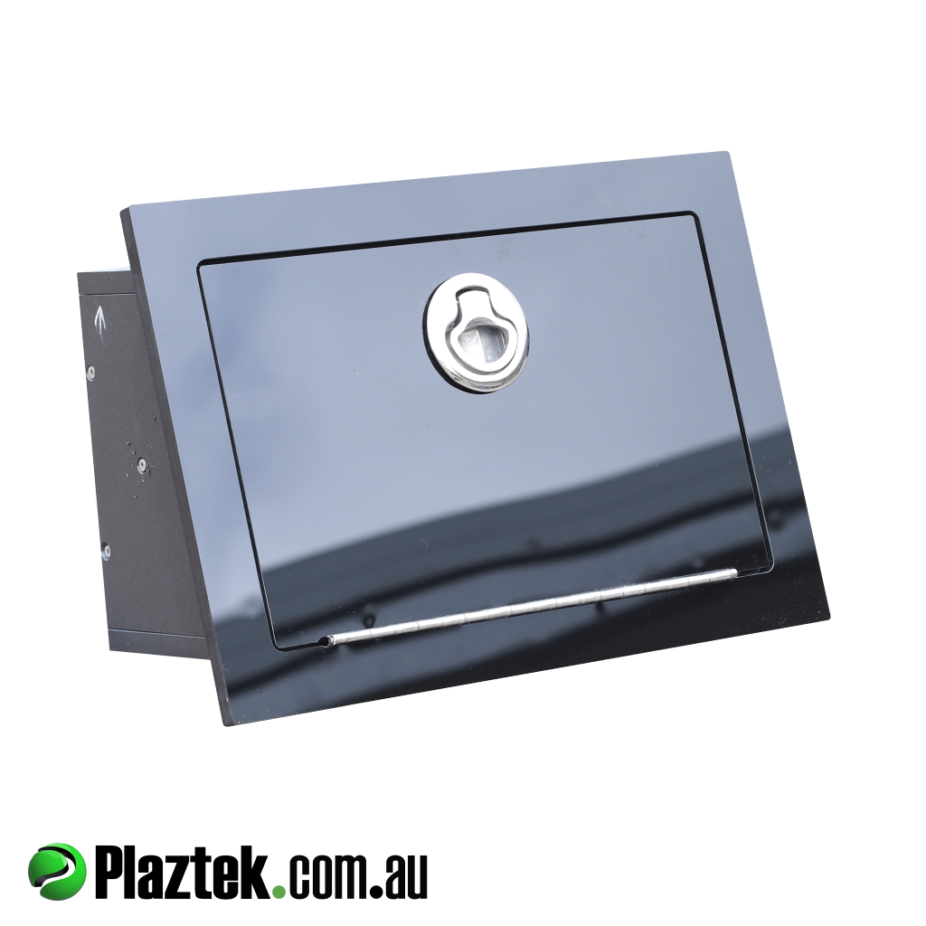 Plaztek custom tinted glove box has a SS piano hinge and close on marine grade foam rubber seal. Made in QLD Australia