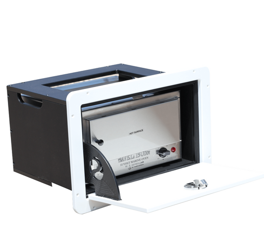 Plaztek 12v marine pie warmer. Door open showing the warmer installed. Made in Australia.
