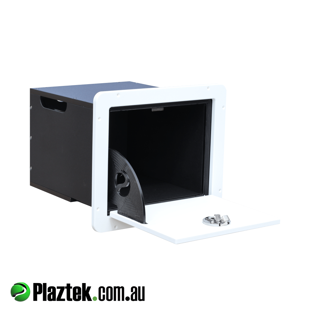 Plaztek 12v pie warmer cabinet showing with door open doubling up as a serving shelf. Made in White/White King StarBoard.