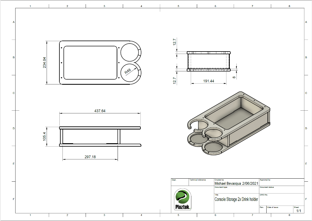 Picture of the CAD design with all the measurements on it. Made in Australia.