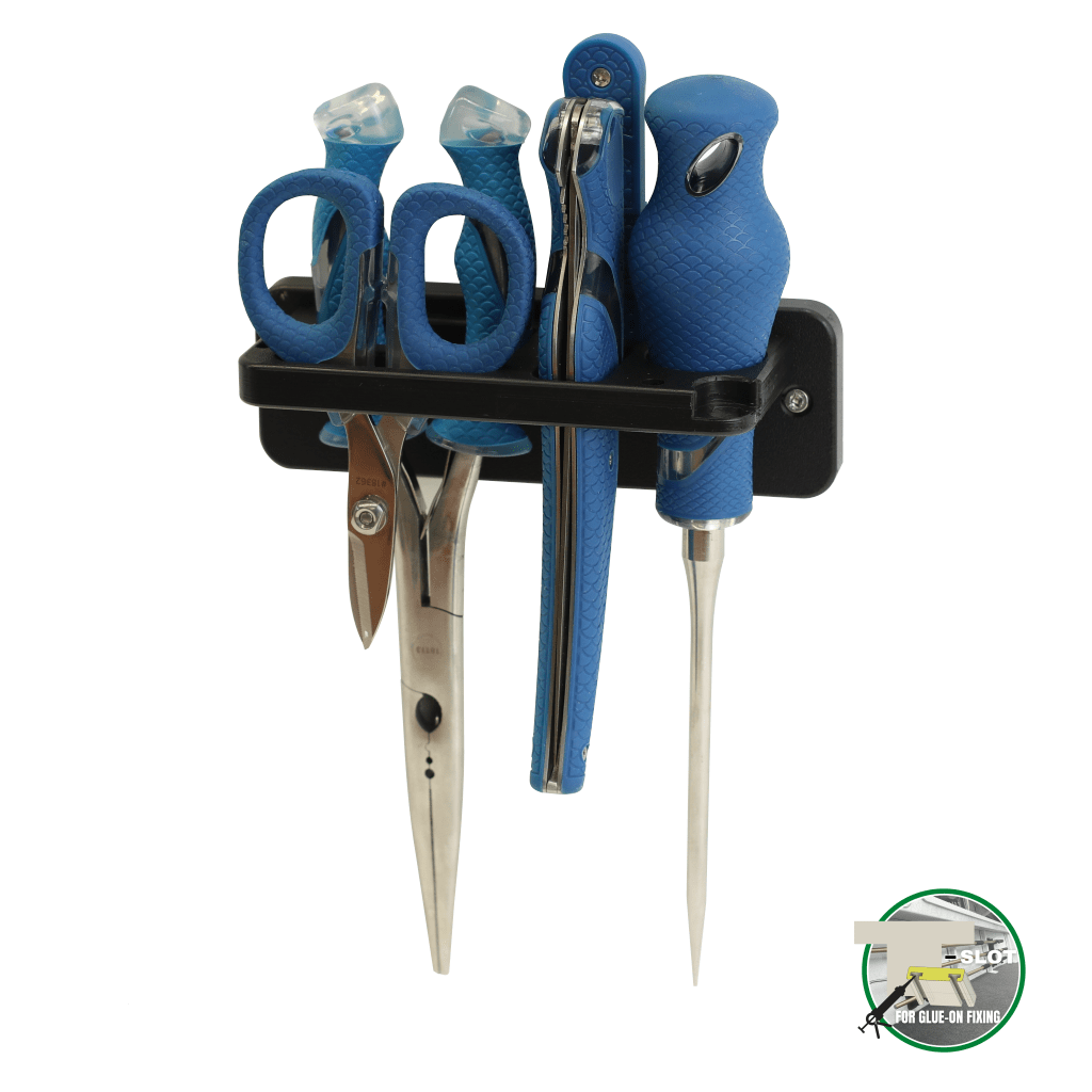 Plaztek Cuda fishing tool holder holds 5 popular cuda tools. Shown with the gluing backing plate. Made in King StarBoard. 