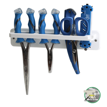 Plaztek Cuda tool holder is loaded with longnose, split ring plier, braid scissors , folding knife and sharpener. 