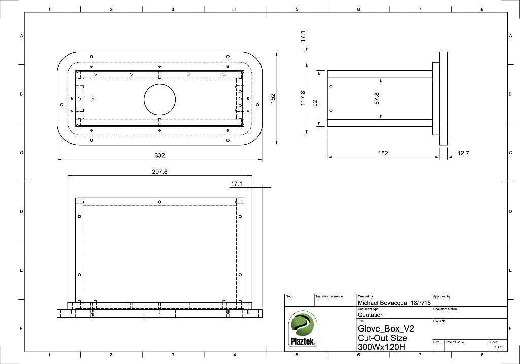 CAD drawing of the glove box with measurements. 