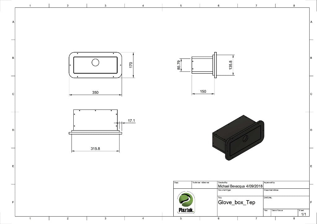 CAD drawing of the glove box with measurements. Made in Australia.