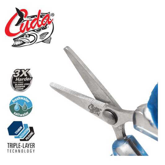 Plaztek Cuda 3" micro scissor have a serrated blades to cut fine braid and mono line.