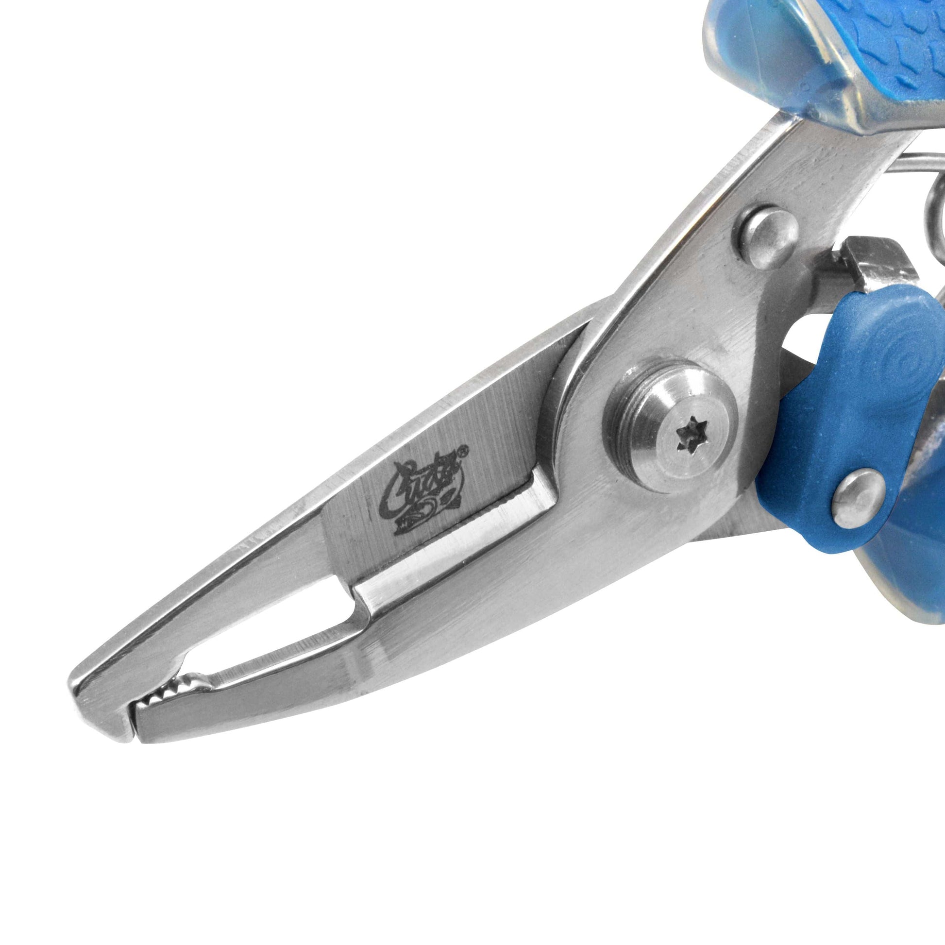 Plaztek Cuda mini 4" split ring plier showing the stainless steel polished blades. Plier had thumb lock to keep shut when not in use.