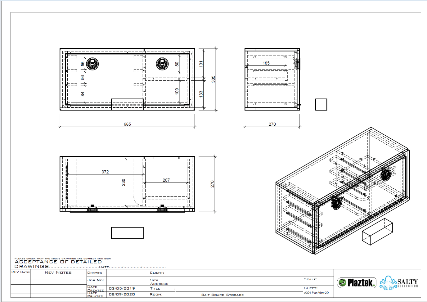CAD drawing of the unit with the measurements on it. Made in Australia.
