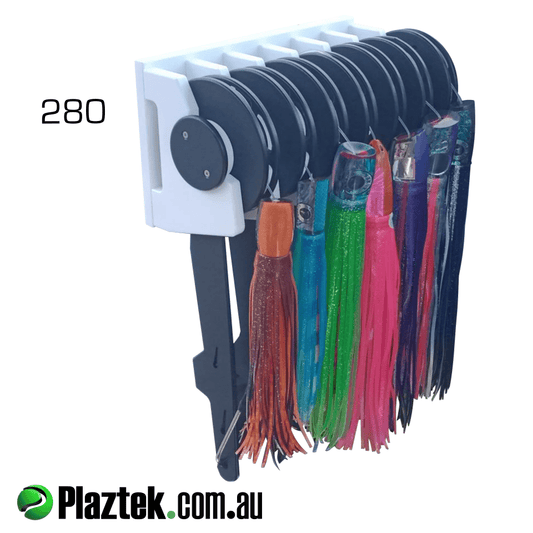 Plaztek Trolling Lure and Leader Holder and rack loaded with 280 size trolling lure and leader holders, ready to mount in your boat