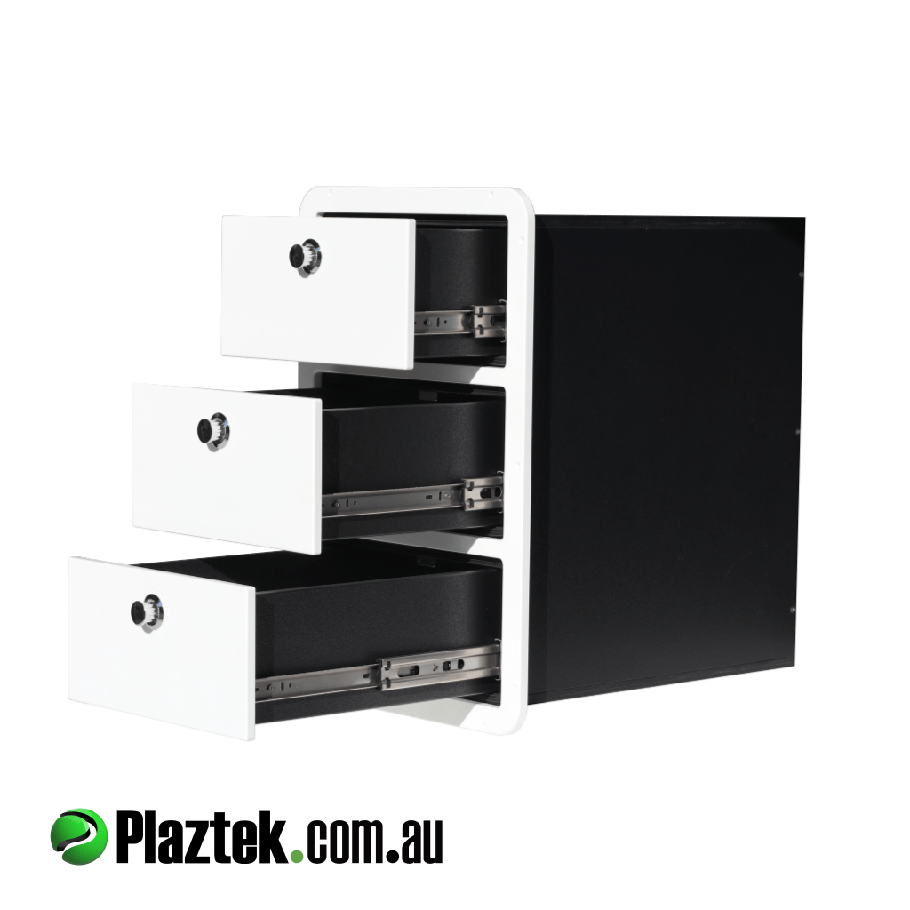 Plaztek Boat Drawers a 3 Drawer tackle Storage, has Marine grade drawer runners to provide full access to your Fishing Tackle made from Marine Polymer plastic and suited for out doors