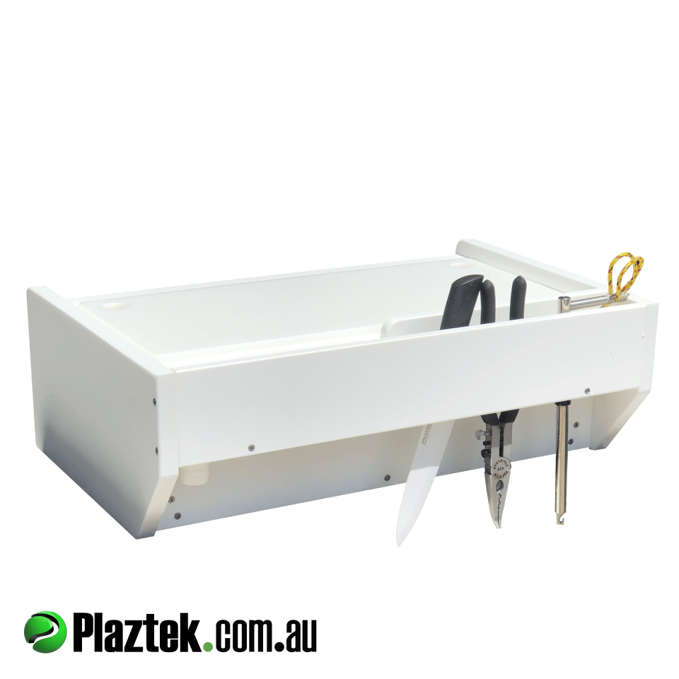 Rear view Plaztek Bait Board with Bait defrost bin and Single Tackle Drawer