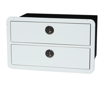 Plaztek boat drawers in white white King StarBoard®️ 316 SS locking latch and our zero maintenance Drawer runners