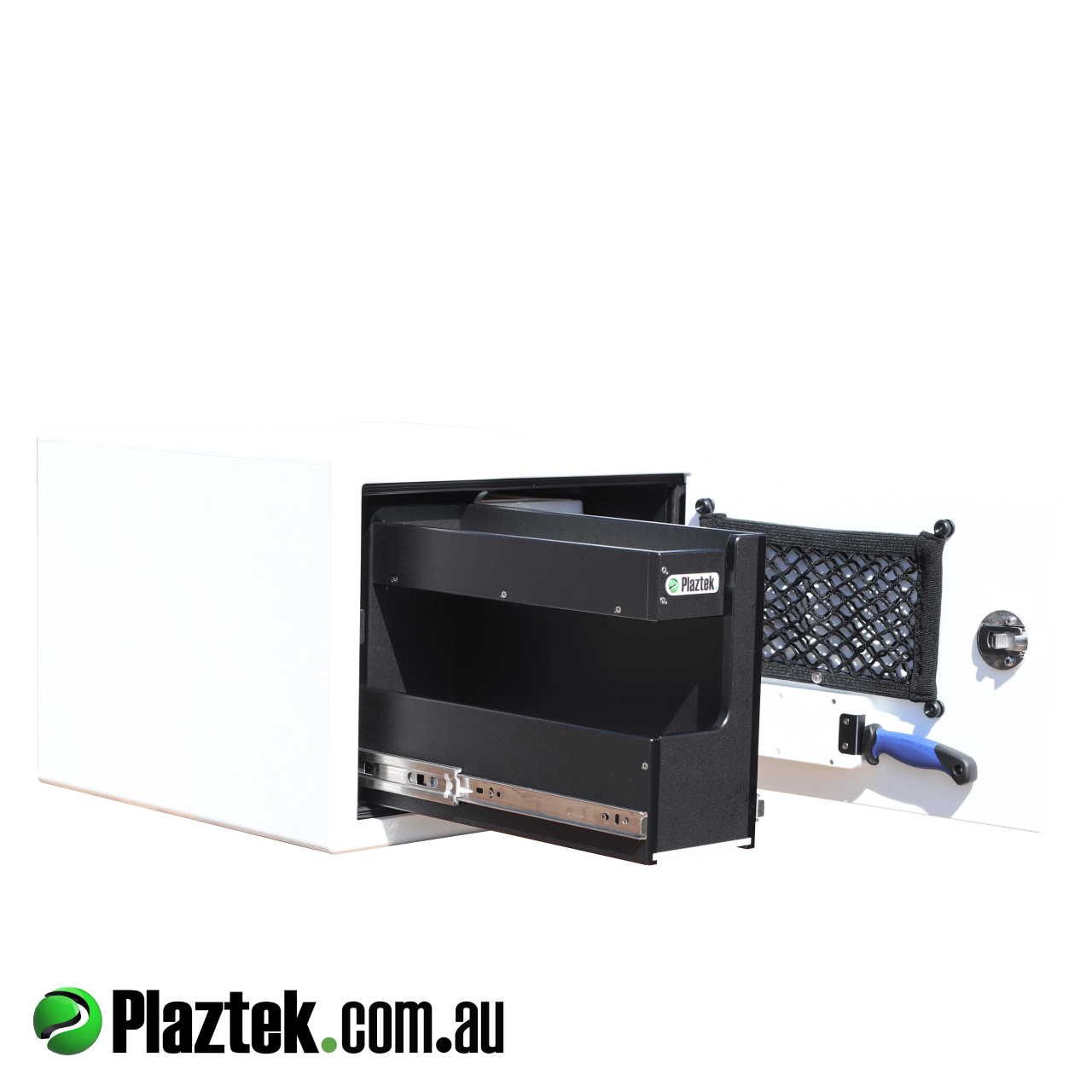 Plaztek seat box with tackle tray storage and pull-out drawer, Australian made product to custom sizes