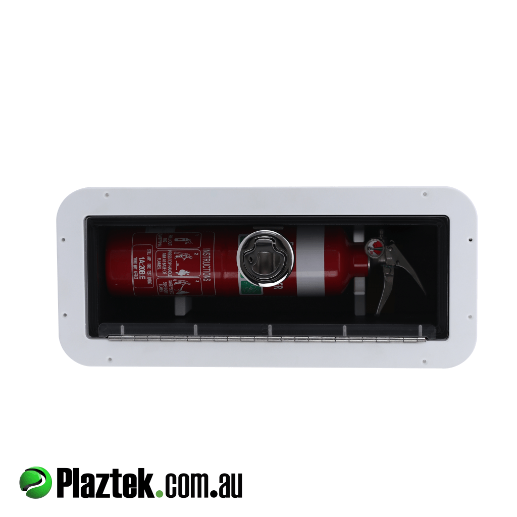 Plaztek Boat Fire Extinguisher Holder, the clear door is a constant reminder of the location of the extinguisher in an emergency 