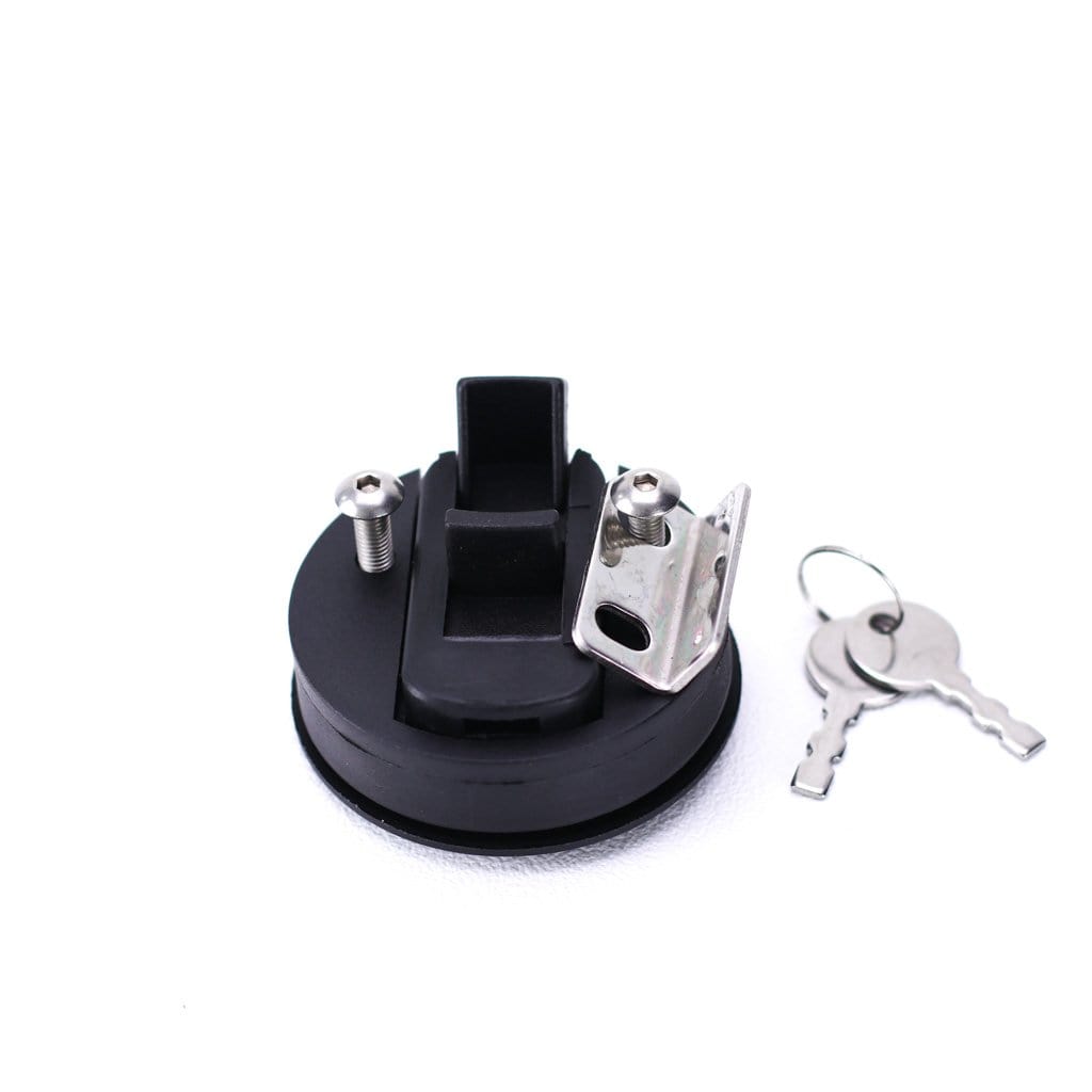 Lockable Slam Latch in Black Plastic Back view with keeper and keys