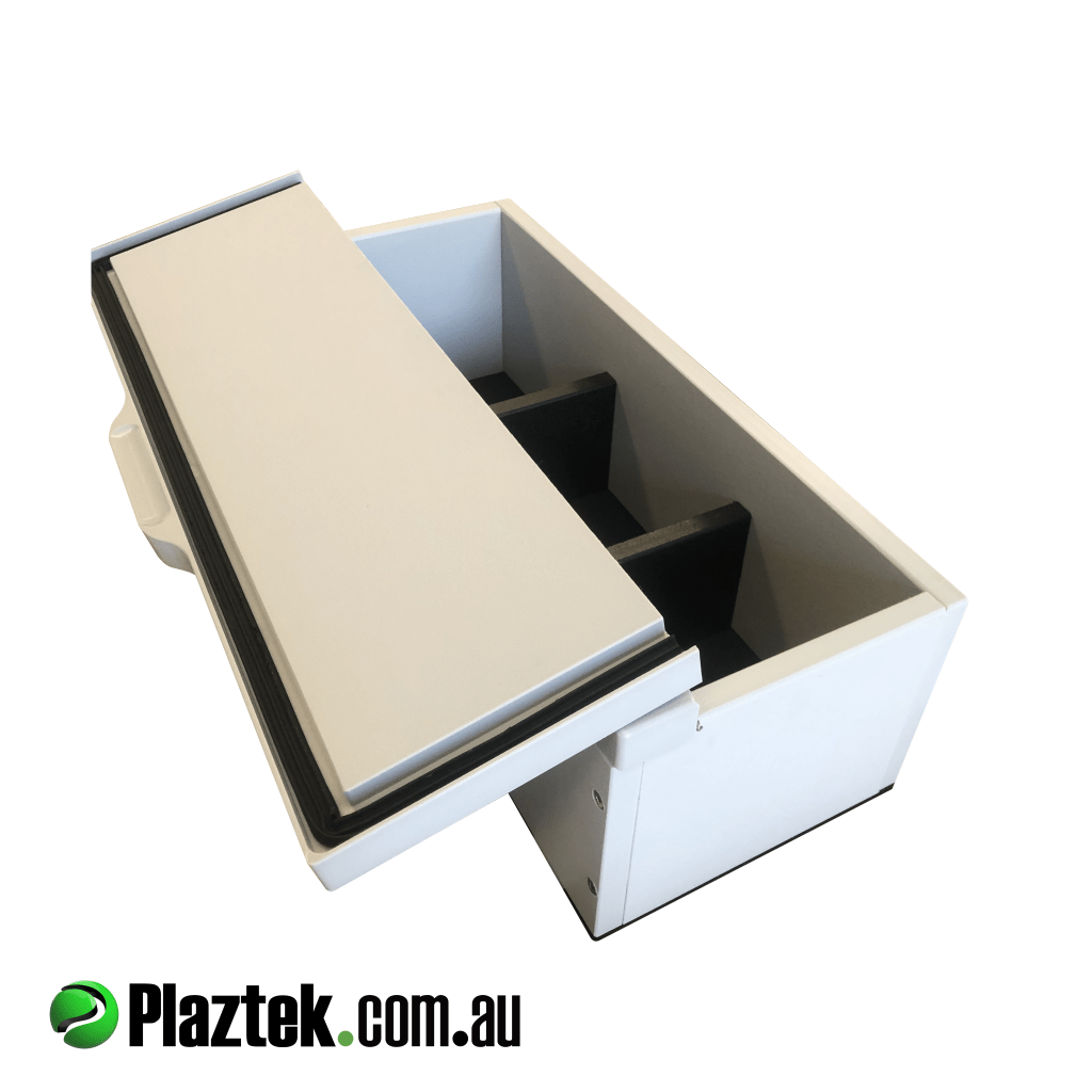 Plaztek Boat accessory for Sinker Storage, Made from King Starboard in dolphin grey, sealed lid to keep water out. 