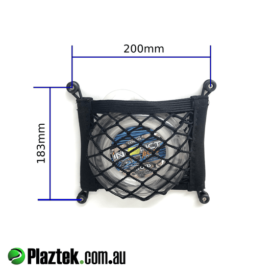 Heavy duty black storage nets for your boat, fit on the back of our boat tackle cabinet doors for extra storage like leader spools, soft plastic lures and the like, size 183mm high x 200mm wide