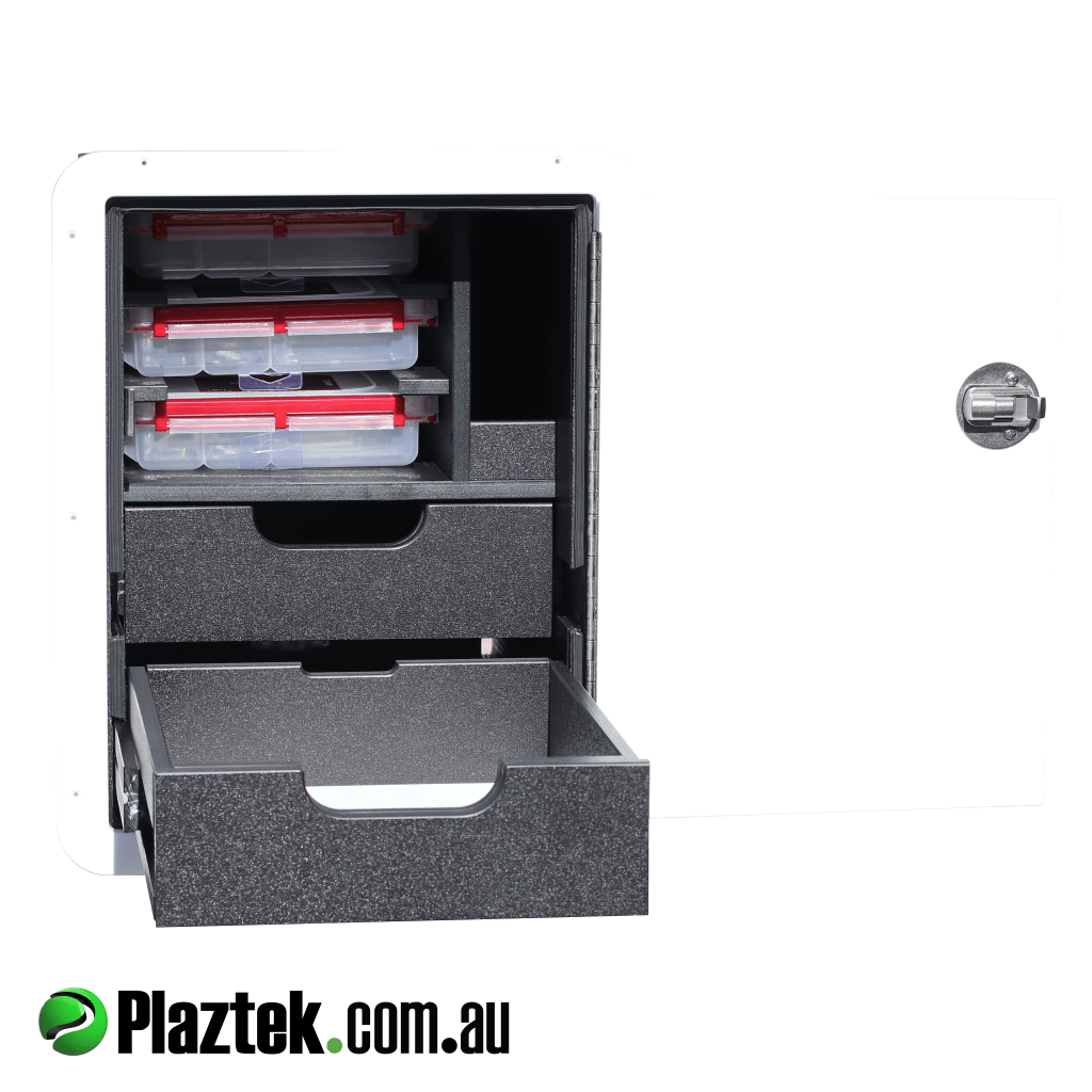 Plaztek Boat Drawer Combo holds Plano Tackle Trays and has two Tackle Drawers and landing shelf for fishing Tackle storage