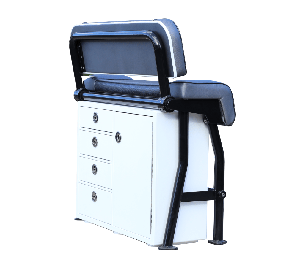 Relaxn lean seat with custom tackle tray storage. Also has 4 drawers. Made in Australia