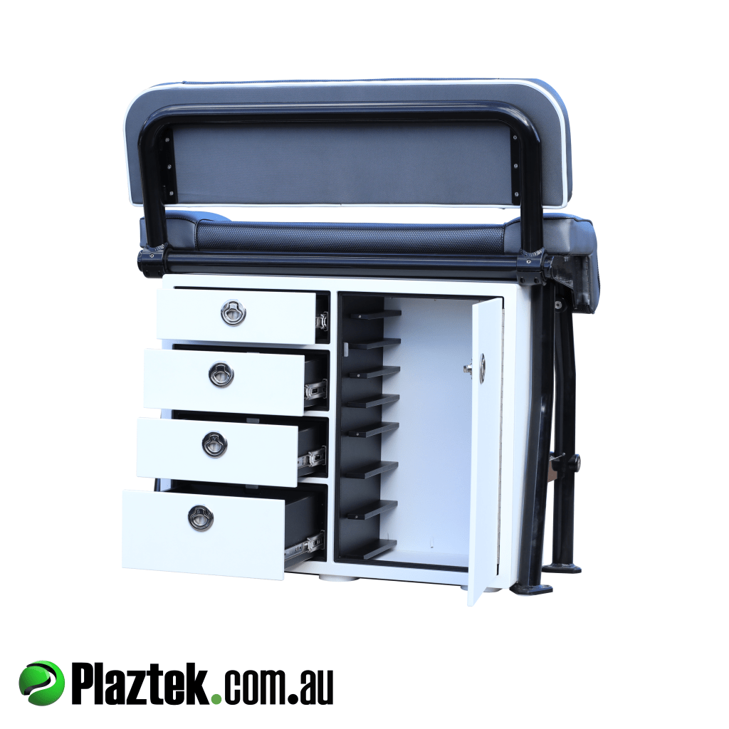 Custom Plaztek storage unit that fits under a Relaxn lean seat showing the door open where the tackle trays will go. Drawers open showing the SS ball bearing slides used on all drawers. This has been optioned with SS locking latches. Made in Australia.