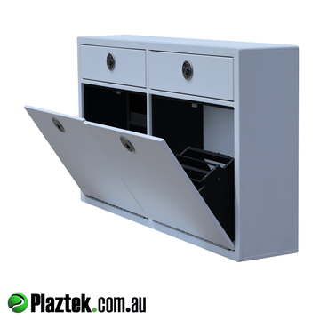Plaztek 2 drawer with tilt-out tackle tray storage. Tackle trays sit behind the two doors that hinge from the bottom. Made in White White King StarBoard.