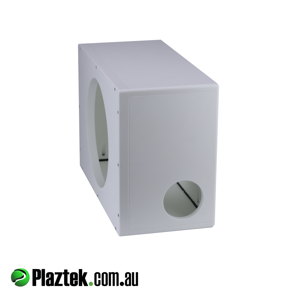 10'' Boat Subwoofer Box. Side view showing the quality of the build with rounded corners. Made from white King StarBoard.