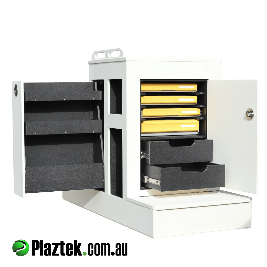 Boat seat box with tackle storage pull out lure/leader drawer and 75l esky. Made in Australia