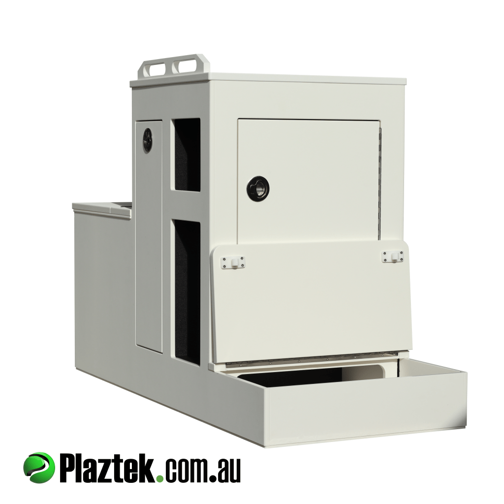Boat seat box with small stow away hatch under the tackle storage cabinet. Made in White/White King StarBoard. 