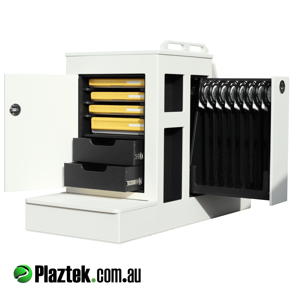 Custom made boat seat box shown with lure/leader holder drawer open tackle storage hatch open with 4 Plano edge trays and two pull out drawer's. Made in Australia