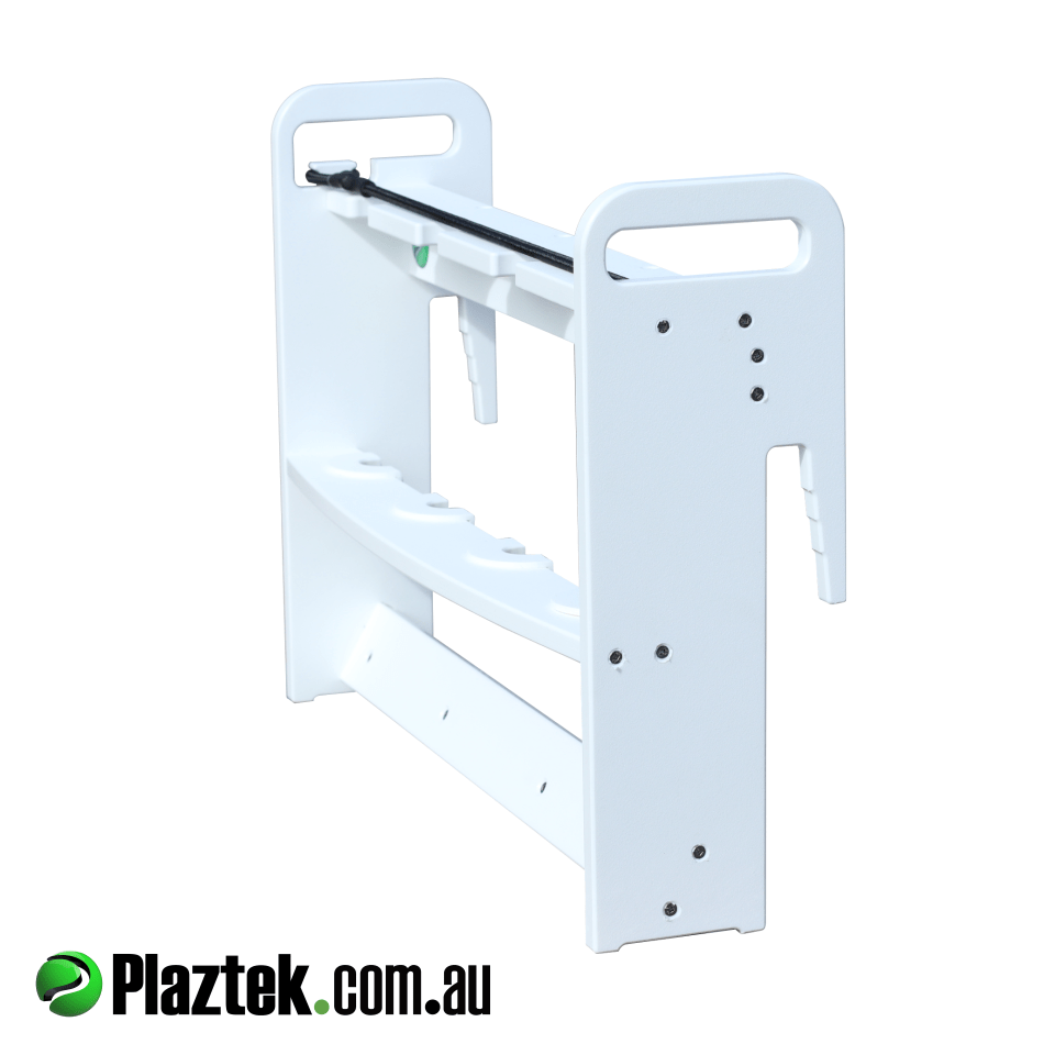 Vertical Boat Rod Storage showing the side view and the Hook Over system for mounting. Made in Australia
