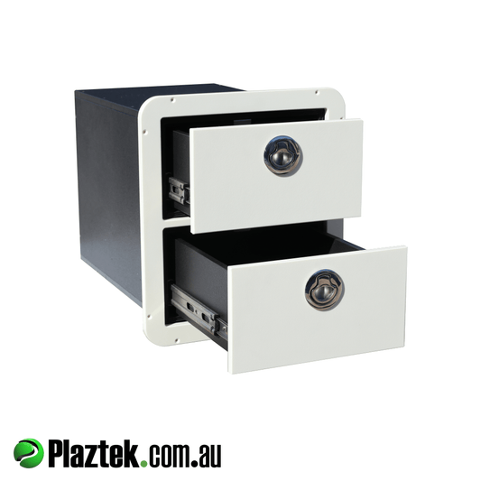 2 Drawer Boat Tackle Storage. The cabinet has S/S ball bearing runners offering 45kg per side. Has S/S Slam Style Latches. Made from King StarBoard.