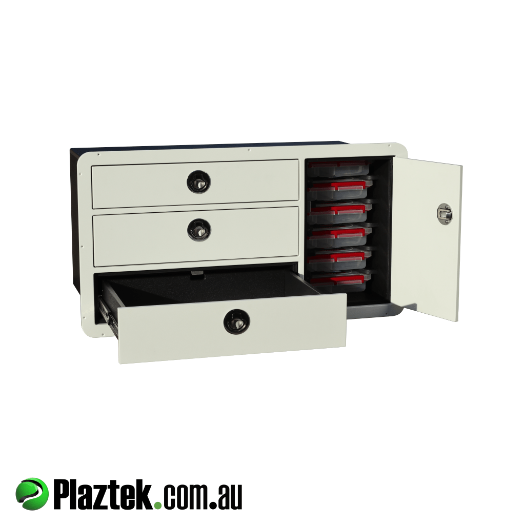 Boat Tackle Cabinet 3 Drawers & 6 Tackle Tray Combo.  Bottom draw is opened showing the 316 S/S Ball Bearing slides rated to 45kg each. Made from White King StarBoard.