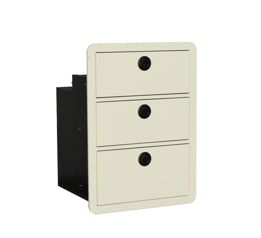 3 Drawer Boat Tackle Storage Insert. This cabinet offers 3 lockable drawers and has a foam rubber seal on each drawer keeping vibration down and water out. Made from white King StarBoard.