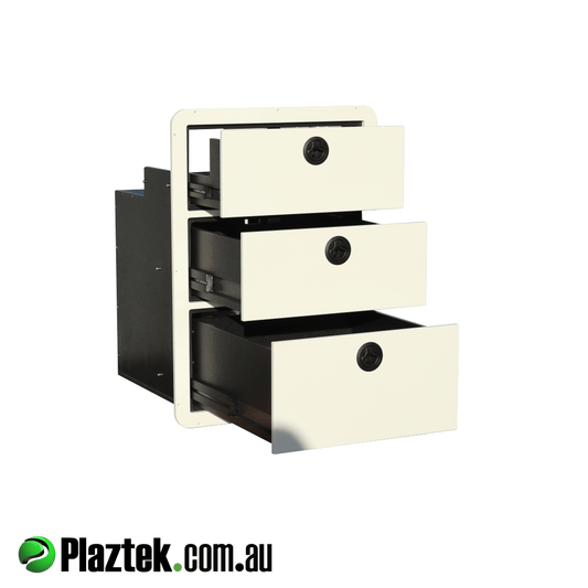 3 Drawer Boat Tackle Storage Insert. This cabinet offers 3 locking drawer and maintence free slides. Each drawer has a foam rubber seal to keep water out. Made from white King StarBoard.
